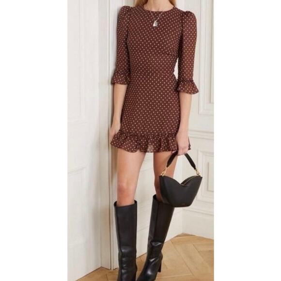 Reformation‎ Doutzen Dress Polka Dot Ruffles Retro Feminine Chocolate Brown 22 - Picture 1 of 10